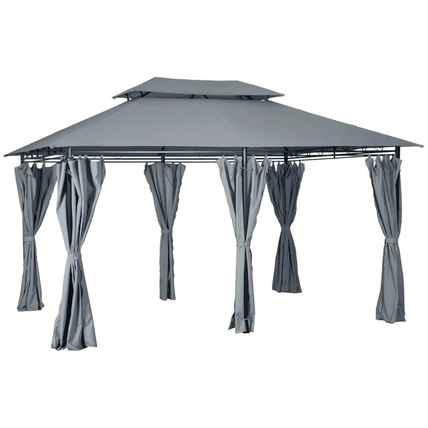 Outsunny 4m x 3(m)Garden Gazebo, Double Roof Outdoor Gazebo Canopy Shelter with Curtains, Solid Steel Frame