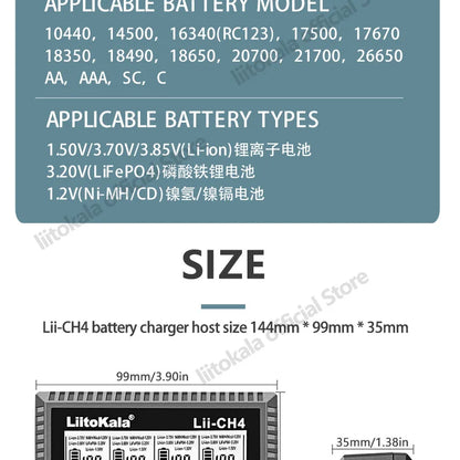 LiitoKala Lii-CH4 Smart Charger for 18650/21700/26650/AA/AAA/Ni-MH/Li-ion,1.2V/1.5V 4-Slot Fast Charge, USB-C, Auto Detect