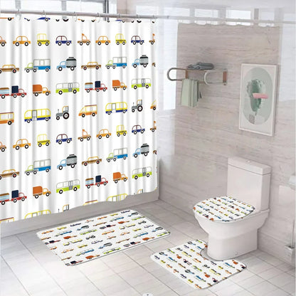 Cartoon Car Bathroom Decor Set Teens Transportation Car Shower Curtain for Kid Boy Girl Truck Bus Taxi Bath Mat Rug Toilet Cover