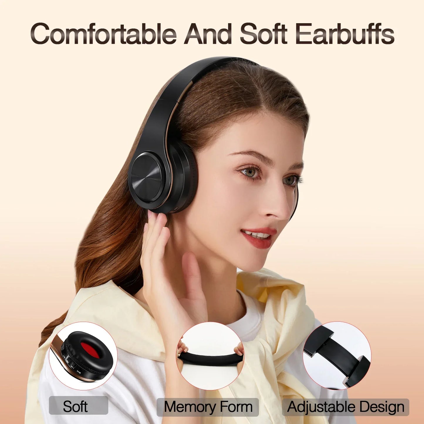 Men Gift Gold Wireless Headphones Bluetooth Earphone Stereo Headset Game with Build-in MIC with Universal for Android and iOS