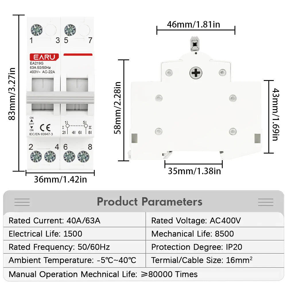 Din Rail 2P 40A 63A AC400V 50/60Hz Modular MTS Dual Power Manual Transfer Switch Isolating Discounnecting Switch Circuit Breaker
