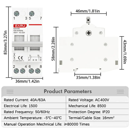 Din Rail 2P 40A 63A AC400V 50/60Hz Modular MTS Dual Power Manual Transfer Switch Isolating Discounnecting Switch Circuit Breaker