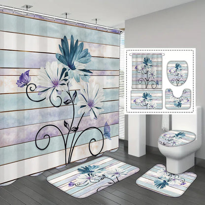 4-piece set of blue white jade orchid waterproof printed shower curtains with 12 hooks, bathroom floor mats