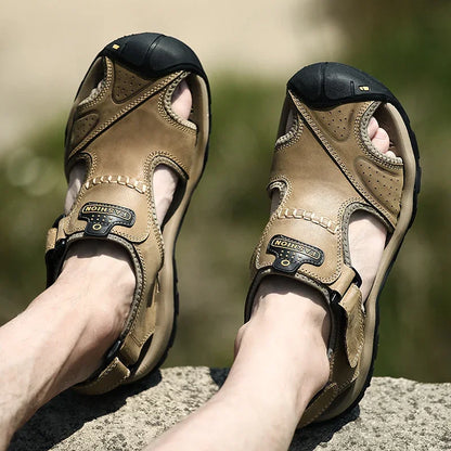 Summer Sandals Leather Outdoor Men Beach Shoes Luxury Breathable Casual Sandal Man Wading Shoes Non-slip Wide lining Slippers