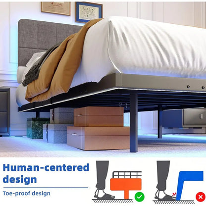 Double Size Metal Platform Bed with Adjustable Upholstered Headboard, 140x200cm, No Box Spring Needed, Slatted Base