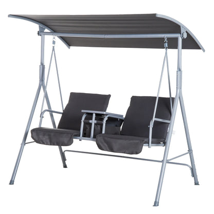 Outsunny 2 Seater Garden Swing Chair Patio Rocking Bench W/ Tilting Canopy, Double Padded Seats, Storage Bag and Tray, Grey
