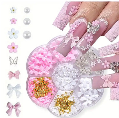 1box 3D Flower Bow Nail Art Decorations Kit Pink/White Acrylic Floral/Peal Beads Nail Charm with Wax Pen/Tweezer 4/6mm Nail Part