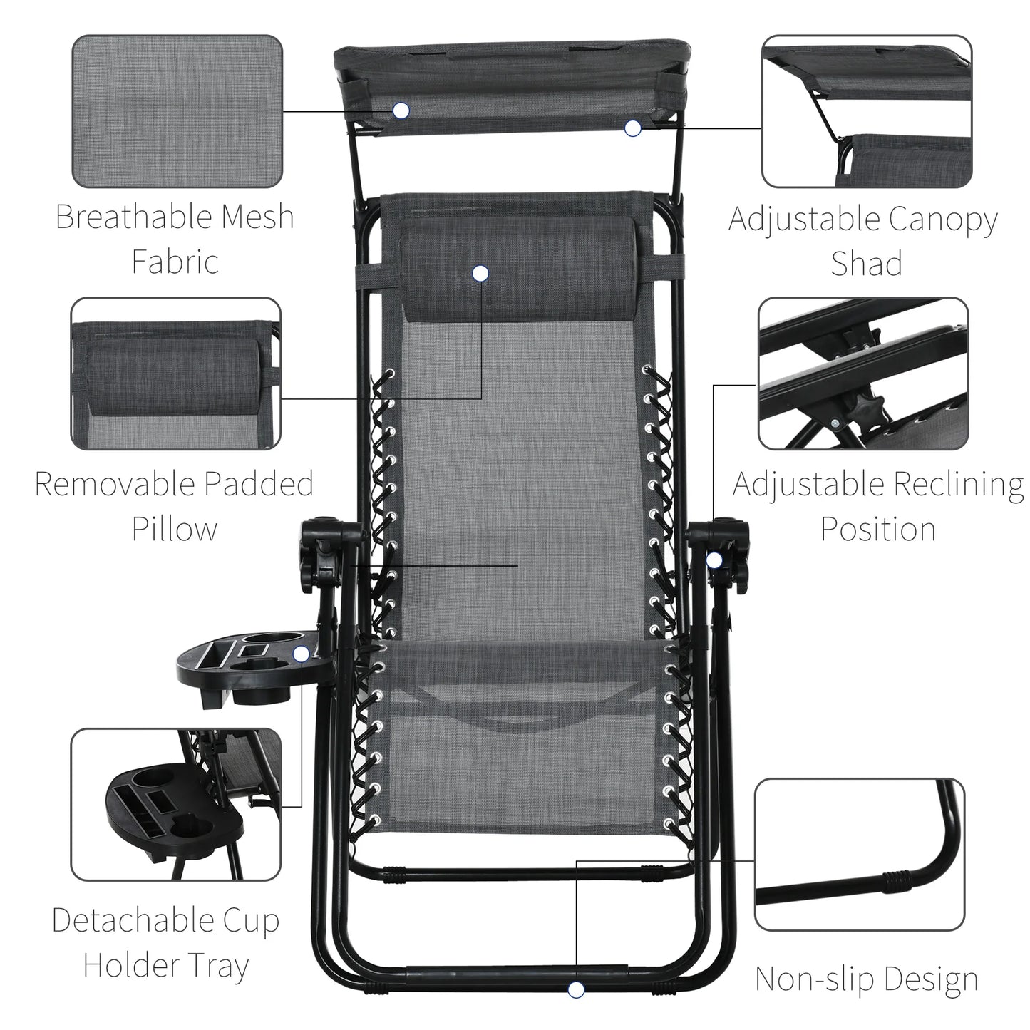 Outsunny Foldable Reclining Garden Chair with Headrest, Zero Gravity Deck Sun Lounger Seat Chair