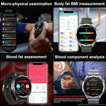 For iOS Android New Health Measurement SmartWatch Men Blood Oxygen Uric Acid ECG+PPG Body Blood Pressure HD Bluetooth Call Watch
