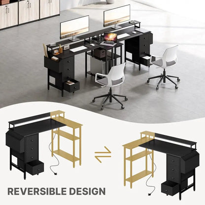 120x70cm L-Shaped Computer Desk with Power Outlets, Monitor Stand and Reversible Shelves, Black
