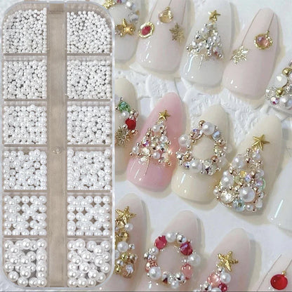 12Grid Shiny Silver Half Round Metal Caviar Bead Nail Rivets Charms 2/3/4/5/6/8mm Flatback Pearl Balls Nail Art Studs Y2k Decora