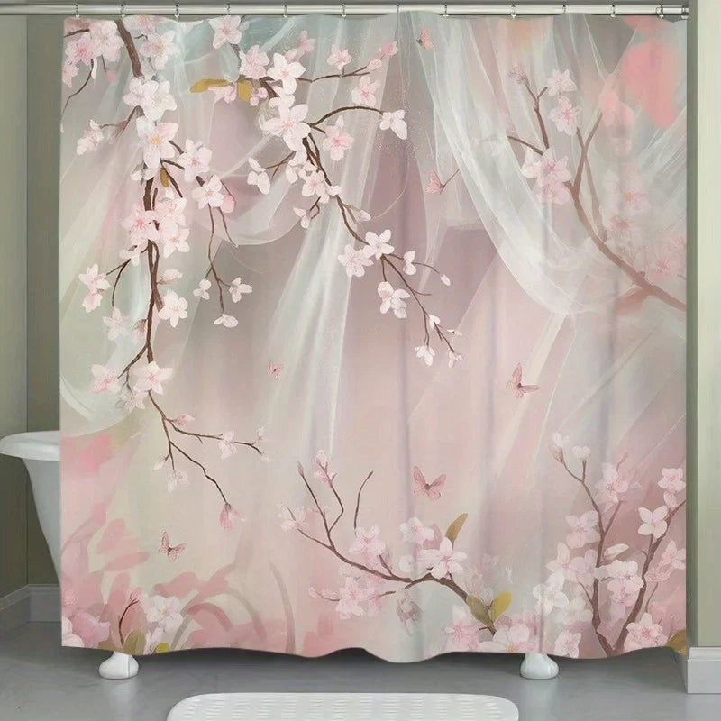 1pc Cherry Blossom and Butterfly Polyester Shower Curtain - Floral Print Bathroom Decor with Hooks, Machine Washable