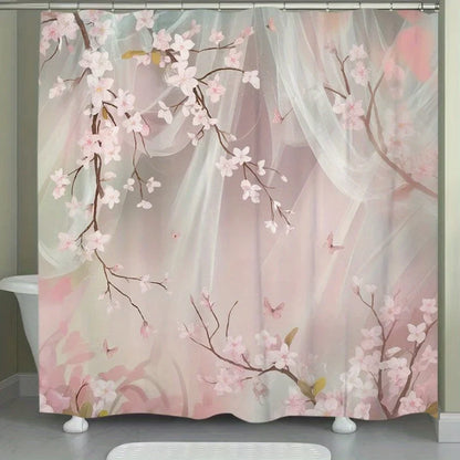 1pc Cherry Blossom and Butterfly Polyester Shower Curtain - Floral Print Bathroom Decor with Hooks, Machine Washable
