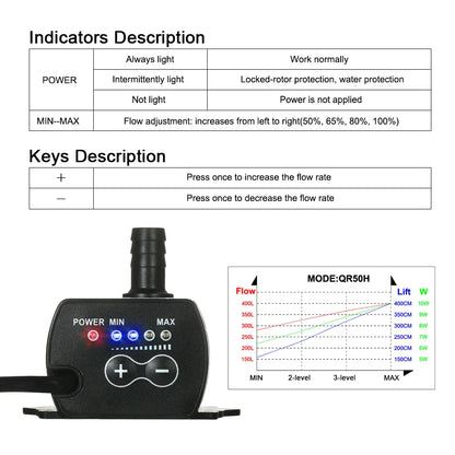 Ultra-quiet Mini DC12V 10W 400L/H Lift 400cm Brushless Water Pump 5.5*2.1mm Female Submersible with Flow Adjustment Function