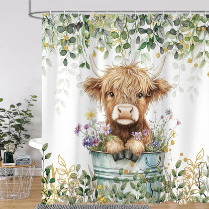 Cute Highland Cow Shower Curtain for Bathroom, Farmhouse Rustic Cow Animal Bathing in Bathtub Shower Curtains Decor Set