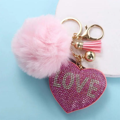 Fashion for Women's Bags Girls Ornaments Packaging Decoration Pompom Keychains Rhinestone Heart Bag Pendant Rhinestone Keyrings