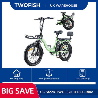 UK Stock TWOFISH TF02 E-Bike: 250W, 36V 17.8Ah, 20"x4" Tyres, 25km/h Max Speed, 100km Max Range, Disc Brakes, Front Suspension