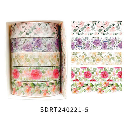 5 rolls of boxed romantic flower handbook tape, cute DIY fresh decorative washi tape for students, a must-have gift for students