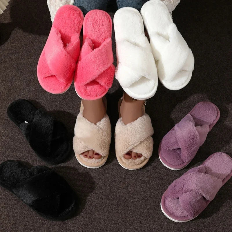 Cross Warm Fluffy Furry Slippers Women Lightweight Flat Heels Fur Slides Woman Autumn Winter Open Toe Non Slip Home Floor Shoes