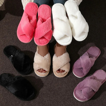 Cross Warm Fluffy Furry Slippers Women Lightweight Flat Heels Fur Slides Woman Autumn Winter Open Toe Non Slip Home Floor Shoes