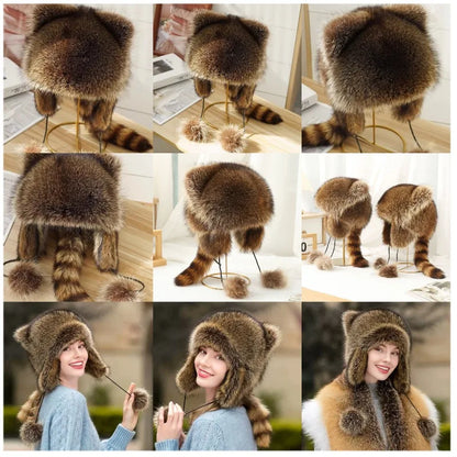 trend Raccoon imitateFur Cap Tail Women imitateNatural Raccoon Fur Caps Ushanka Hats for Winter Thick Warm Ears Fashion