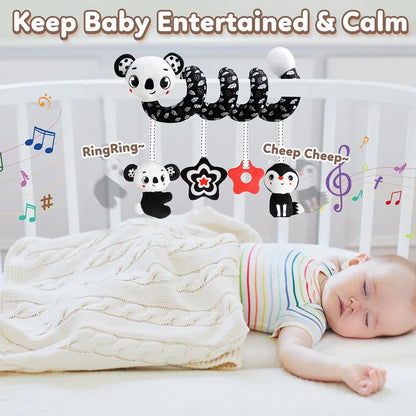 Newborns Spiral Hanging Activity Stroller Toy Baby Carseat Toy Black & White Lion Koala Rattle  for Crib Mobile Sensory Toy Gift