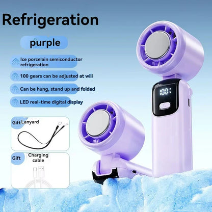 2025 Hanging Ice Pack Handheld High-speed Fan Folding 100 Speed Infinitely Adjustable Fan Portable For Outdoor Neck