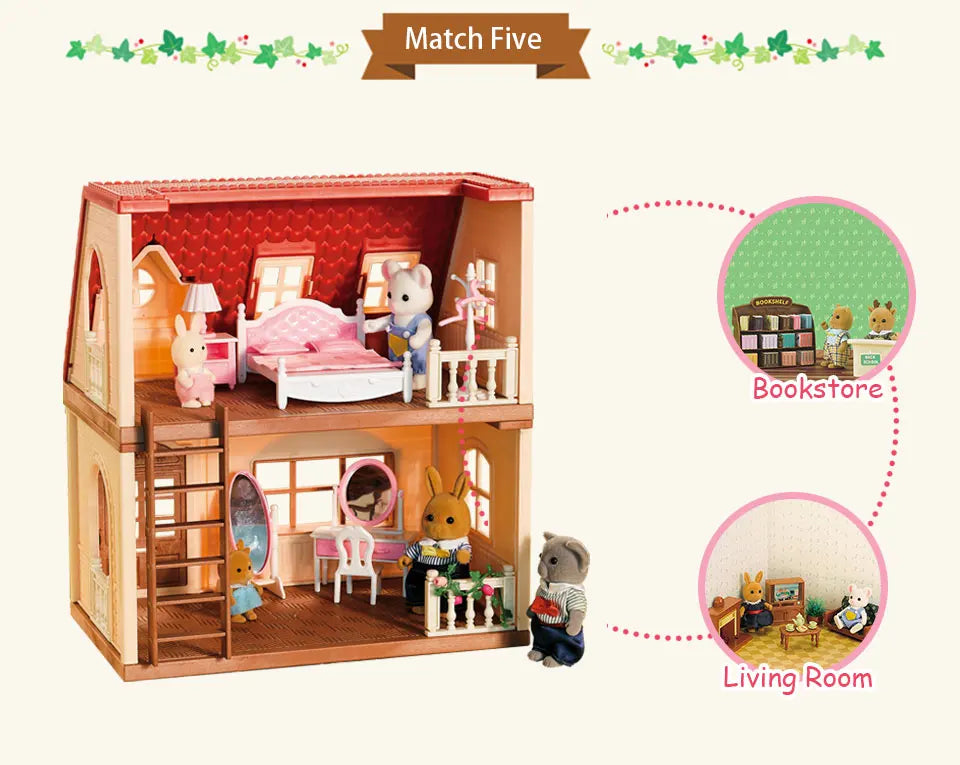 Family Dollhouse Furniture Playset Cabin Doll House DIY Cottage Pretend Play Kitchen Dollhouses Rabbit Dolls Birthdays Gifts