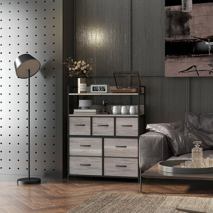HOMCOM Bedroom Chest of Drawers 7 Drawer Dresser w/ Shelves, Grey Wood Effect