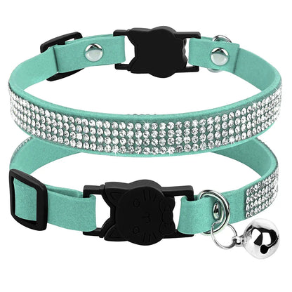 Soft Pink Suede Leather Cat Collar - Cute Bling Rhinestone Design, with Bell & Safety Breakaway Buckle, Adjustable XS/S Sizes