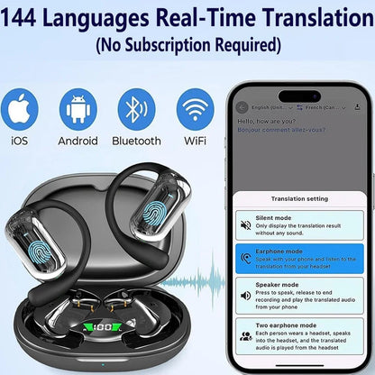 BT 5.3 AI Translation Earbuds with Ear Hook Translator Headphones Open Ear Headphones for Running Fitness Learning Accessories