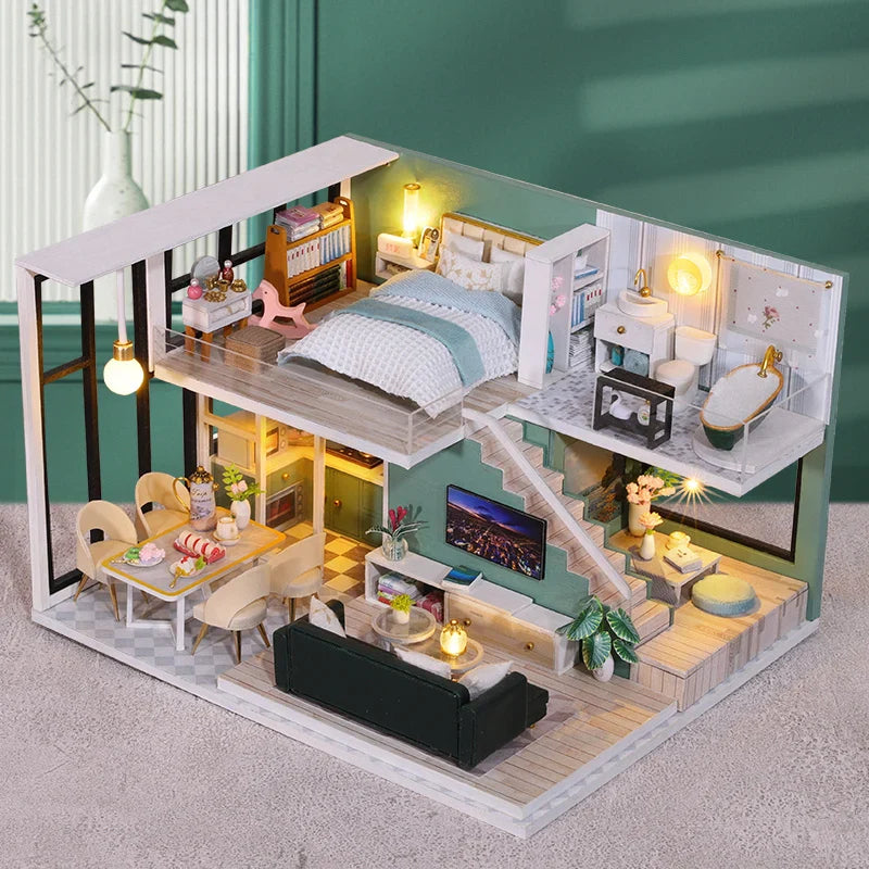 DIY Wooden Doll House Handmade Duplex Apartment Production 3D Puzzle Assembly Building Duplex Apartment Model Toy Children Gifts