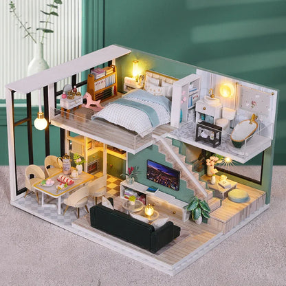 DIY Wooden Doll House Handmade Duplex Apartment Production 3D Puzzle Assembly Building Duplex Apartment Model Toy Children Gifts
