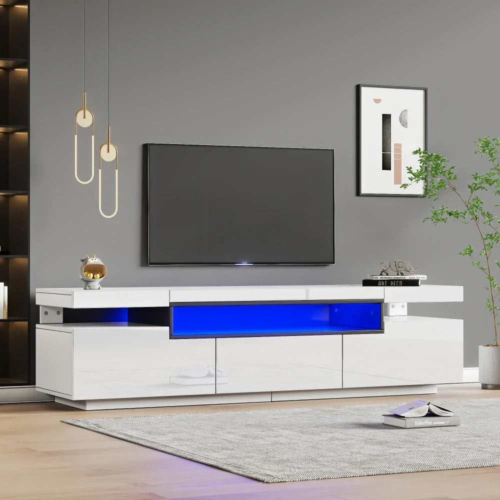 PINGGO TV Stand Cabinet for 70-inch TV High Gloss TV Stand Unit with LED Lights 160CM, 3 Drawers, 3 Open Storage Space