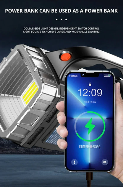 2024 Powerful LED Flashlight USB+Solar Rechargeable Flashlight COB Outdoor Camping Torch Portable Searchlight Power Bank Outdoor