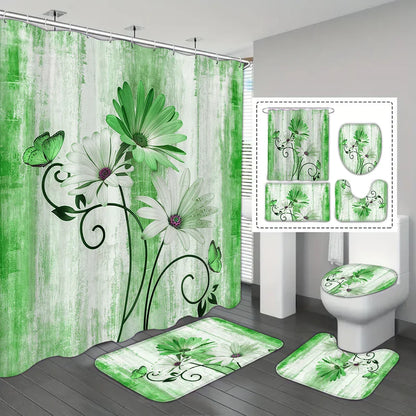 4-piece set of blue white jade orchid waterproof printed shower curtains with 12 hooks, bathroom floor mats