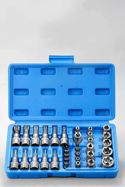 Professional 34pcs Torx Bit Socket & E-Torx Star Socket Set 1/4" 3/8" 1/2" Drive Male Female E-torx Bits Handheld Tool with Case
