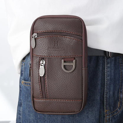 Men Waist Bag Mobile Phone Bag Outdoor PU Leather Wearable Belt Sports Waterproof Small Hanging Bag Business Leisure Coin Purse