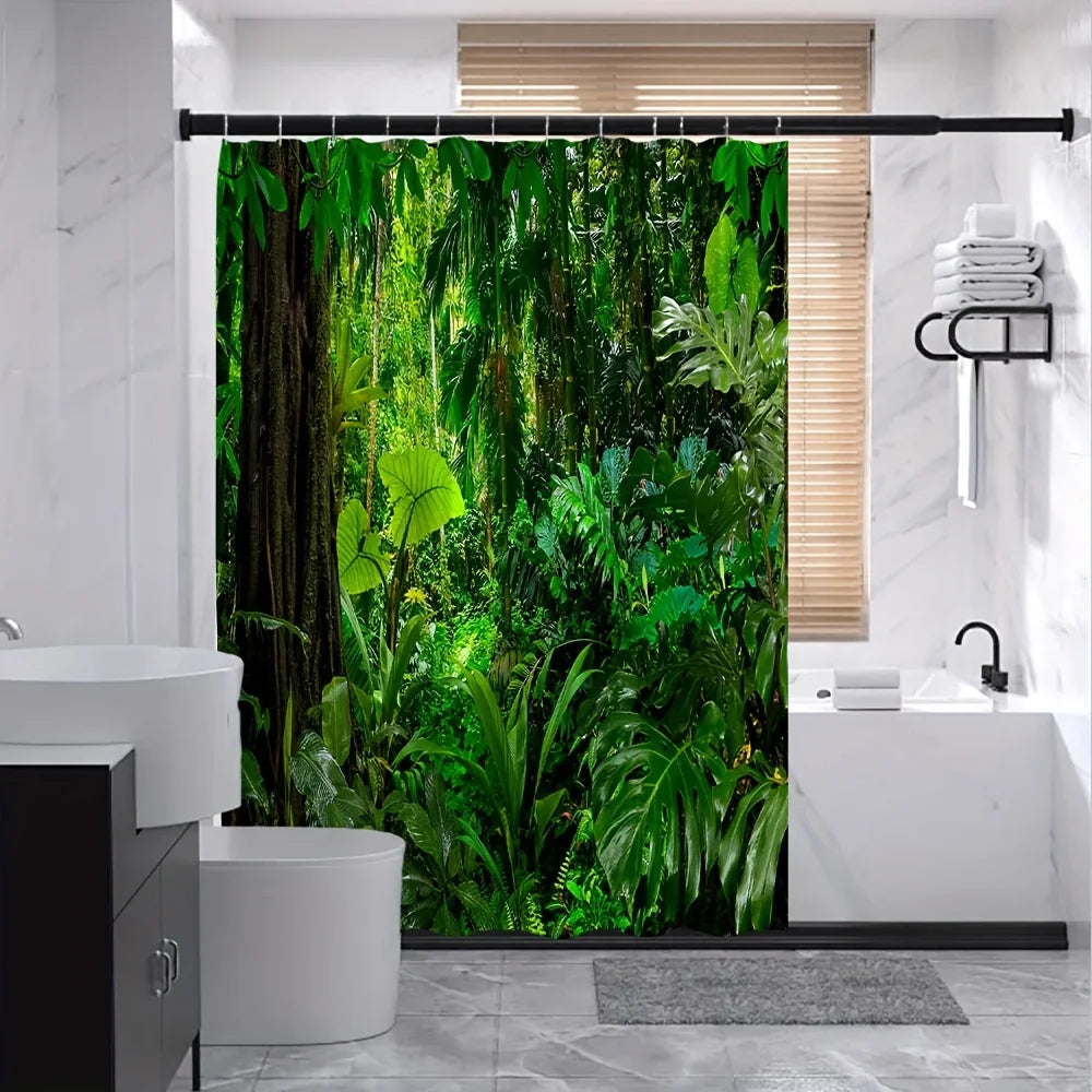 Lush Tropical Jungle Bath Curtain - Vibrant Greenery & Exotic Plants,Waterproof Home Decor Adds Nature's Beauty to Your Bathroom