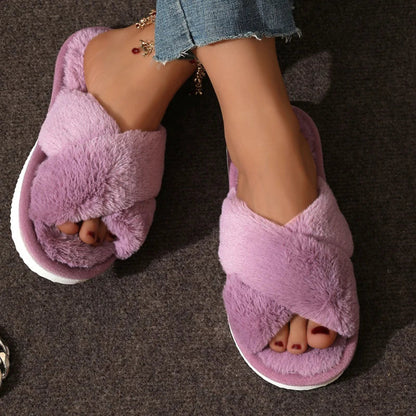 Cross Warm Fluffy Furry Slippers Women Lightweight Flat Heels Fur Slides Woman Autumn Winter Open Toe Non Slip Home Floor Shoes