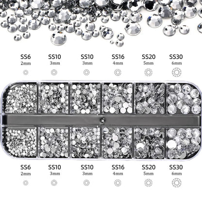 2400pcs+ Shiny Clear Crystal Gems Nail Rhinestones 1.5-4mm Mixed Round Glass Stone Flatback Nail Charms 12grids Nail Diamond DIY