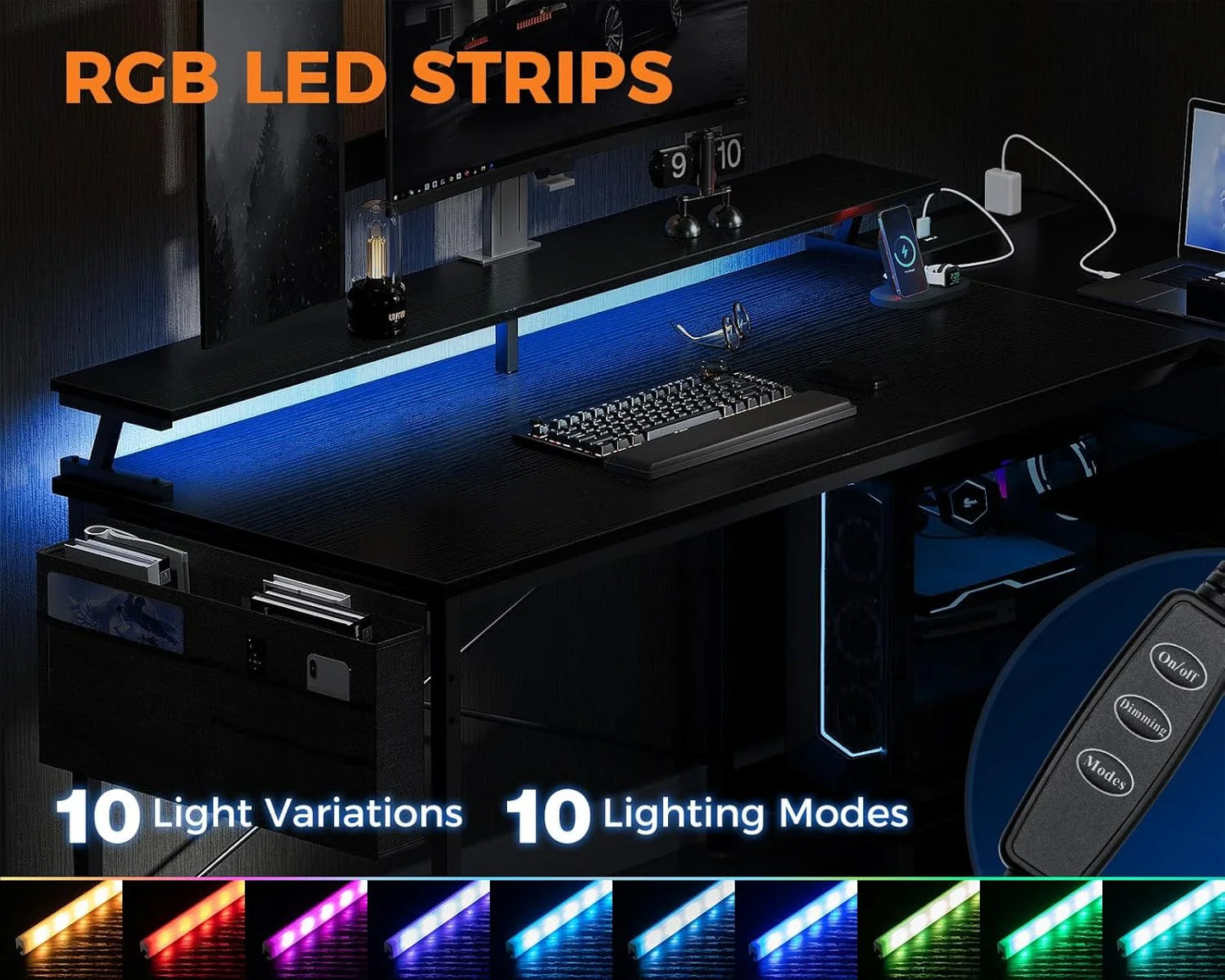 Coleshome L Shaped Gaming Desk with LED Lights, 120 × 80 cm Computer Desk with Power Outlet,  Black