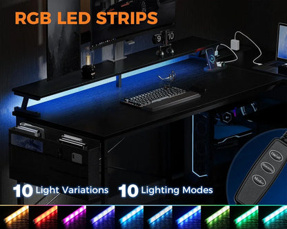 Coleshome L Shaped Gaming Desk with LED Lights, 120 × 80 cm Computer Desk with Power Outlet,  Black