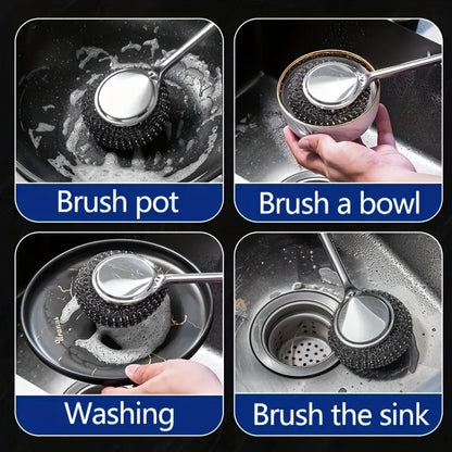 Stainless Steel Wire Brush with Long Handles Kitchen Replacement Steel Wool Wire Ball Dishwashing Brush Sink Countertop Cleaning