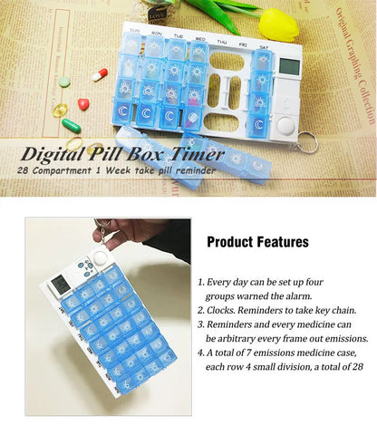 Intelligent Timed Reminder Medicine Box 28 Compartment Weekly Smart Pill Box with Sound Alarm for Elderly Medicine Reminder