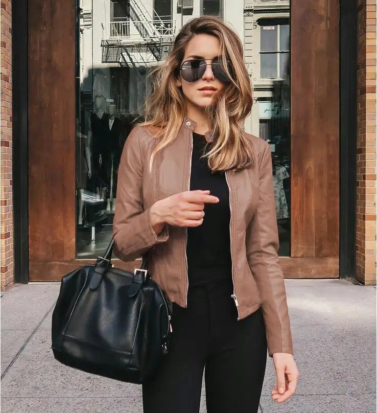 2025 Women Bike Coat PU Leather Outwear Zipper Outfit Autumn Winter Wome Fashion Short Thin Female Jacket