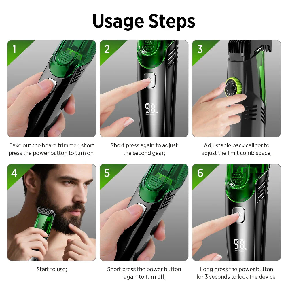 Cordless Men Beard Trimmer Rechargeable Electric Shaver with 20 Trim Built-in Vacuum Clipper for Mustache Sideburns Grooming Kit