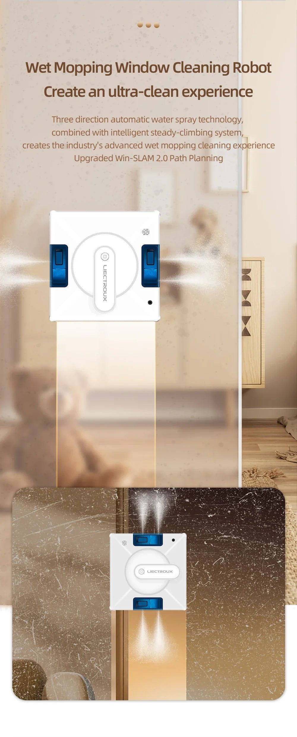 Robot Window Cleaner Liectroux YW509, 4-Way Water Spray,Home Glass Floor Window Robot Vacuum Cleaner,Strong Vacuum,Smart Memory