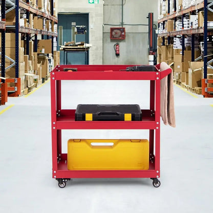 Sturdy 3-Tier Metal Tool Cart with Lockable Wheels, Red - Ideal for Workshop, Garage, Kitchen Storage