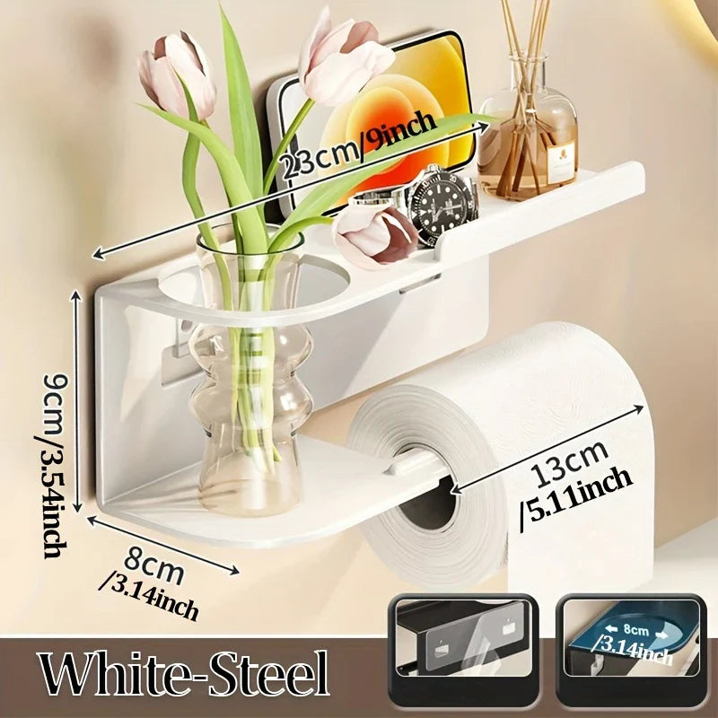 Self Adhesive Toilet Paper Holder with Phone Shelf Stainless Steel Wall Mounted Toilet Paper Roll Holder - Rustproof